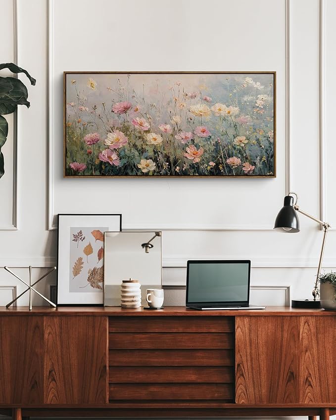 InSimSea Extra Large Framed Vintage Wall Art, Wildflowers Field, 20x40inch | Living Room Country Farmhouse Decor, Spring Landscape Canvas Prints, Retro Long Pictures for Bedroom Above of Bed