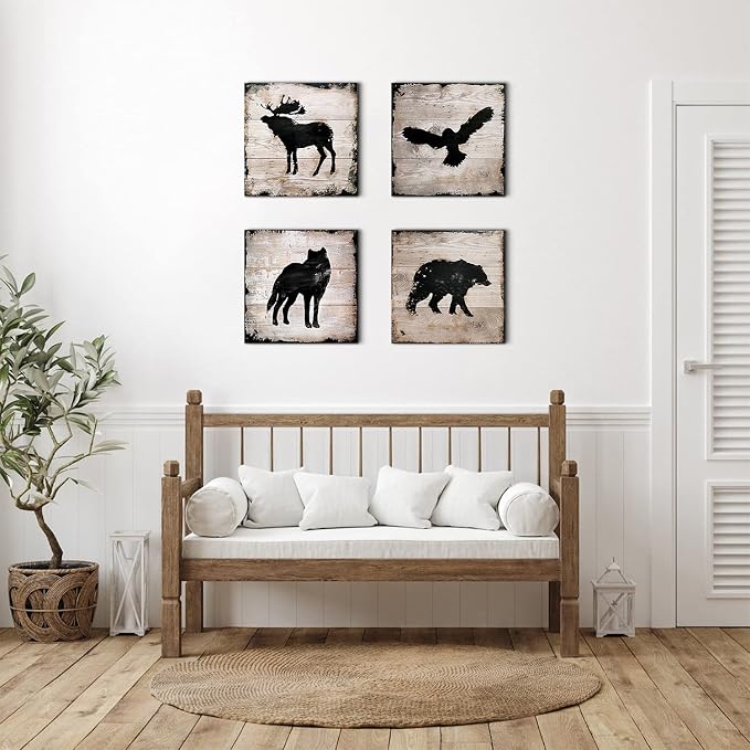 Cabin Wildlife Wall Art Rustic Animals Pictures Wall Decor Farmhouse Moose Deer Wolf Eagle Poster Hunting Themed Bear Paintings Woodland Forest Canvas Prints Artwork Living Room Decorations 16x16" 4P