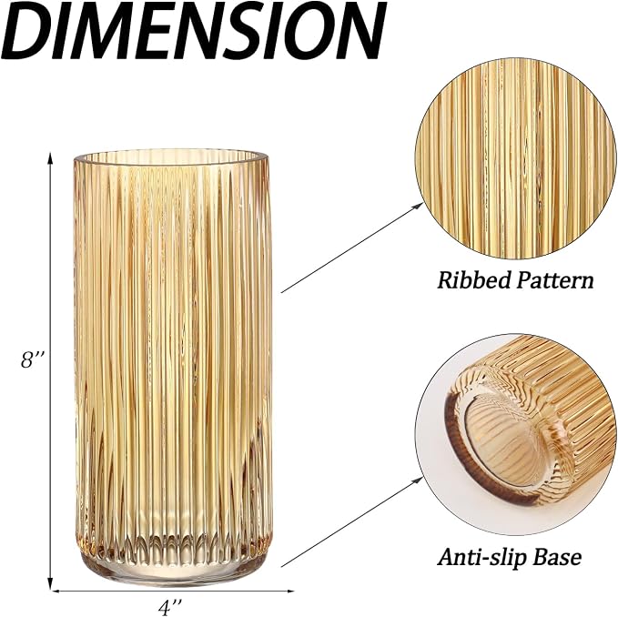 Ribbed Glass Vase, Flower Vases for Bouquet, Amber Glass Vases for Flowers, Modern Ribbed Vase for Living Room, Bathroom, Dining Table, Office, Wedding, Centerpieces, 8 Inches