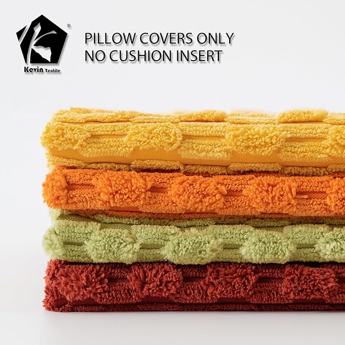 Kevin Textile Spring Decorative Pillow Covers 18x18 Inch Set of 4 Soft Boho Corduroy Throw Pillow Cases Mix and Match Colors Plush Texture Pillows for Sofa Couch Bedroom Home Decor Cream Green/Orange