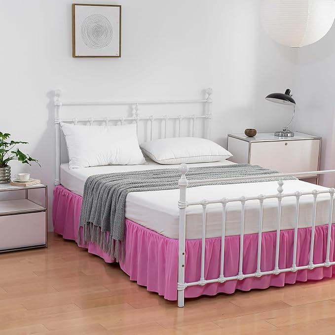 Bed Skirt Queen Size Ruffled Bed Skirts with Split Corners | 14 Inch Drop Dust Ruffle Bed Skirt with Platform, Pink