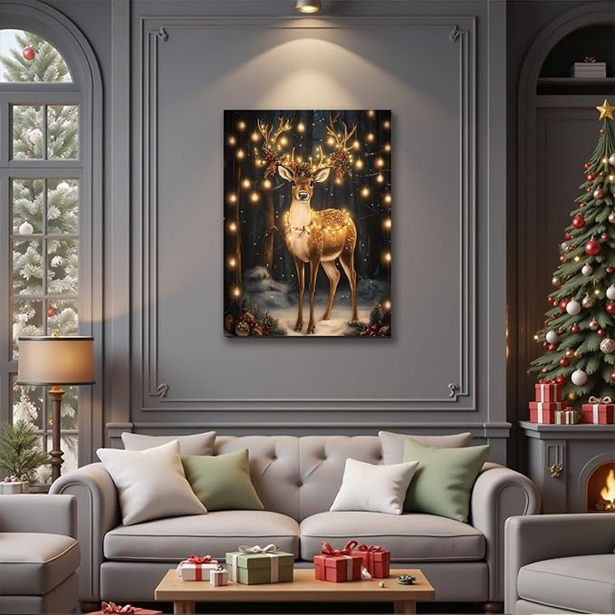 Christmas Reindeer Wall Art Framed 8x12, Cottage Winter Forest Wildlife Deer Picture Wall Decor, Rustic Xmas Cozy Winter Hanging Canvas Prints for Home Bedroom Living Room Decoration
