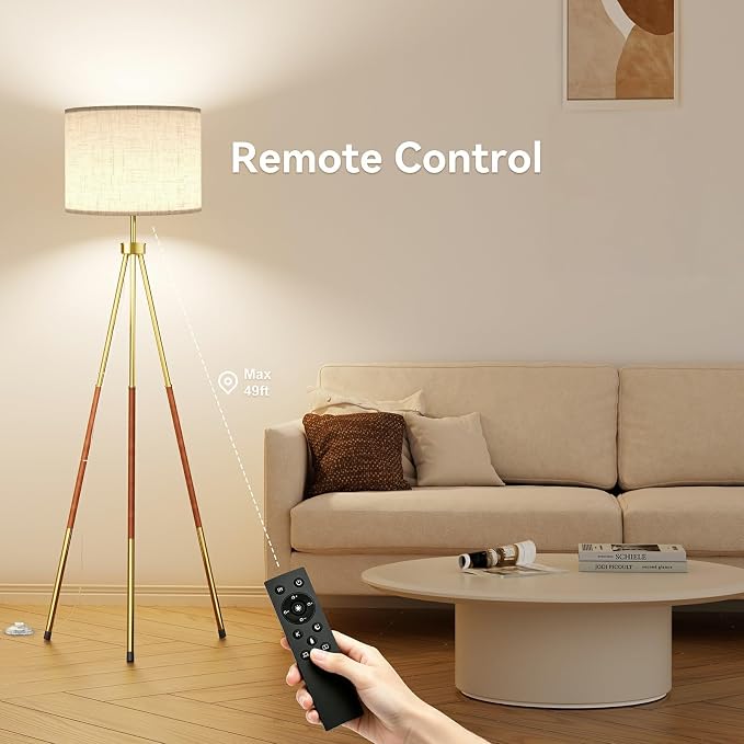 SIBRILLE Mid Century Wood Tripod Floor Lamp with Remote & Foot Switch