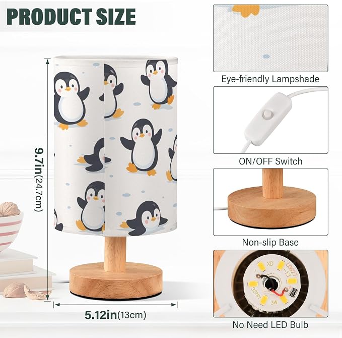 Bedside Lamp Cute Penguins Table Lamp for Bedroom LED Nightstand Lamp Shade USB Ports Wood Base for Living Room Dorm Office