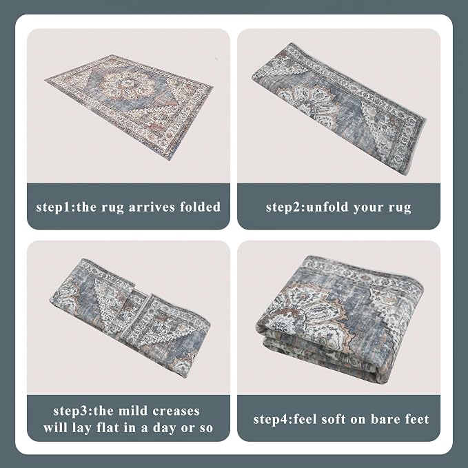 Washable Kitchen Runner Rug 2'6''x12' - Non-Slip Hallway Entryway Rugs with Rubber Backing Soft Thin Carpet for Bathroom Vintage Stain Resistant Indoor Home Decor Mat for Bedroom (Blue, 2'6'' x 12')