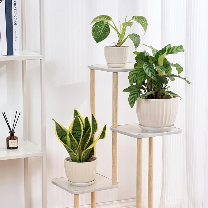 STHIE 4/5/6 Inches White Ceramic Plant Pots with Drainage Holes and Saucer | Set of 3 Round Planter for Small Indoor/Outdoor Plants with Modern Stripes Design, Decorative Flower Pots