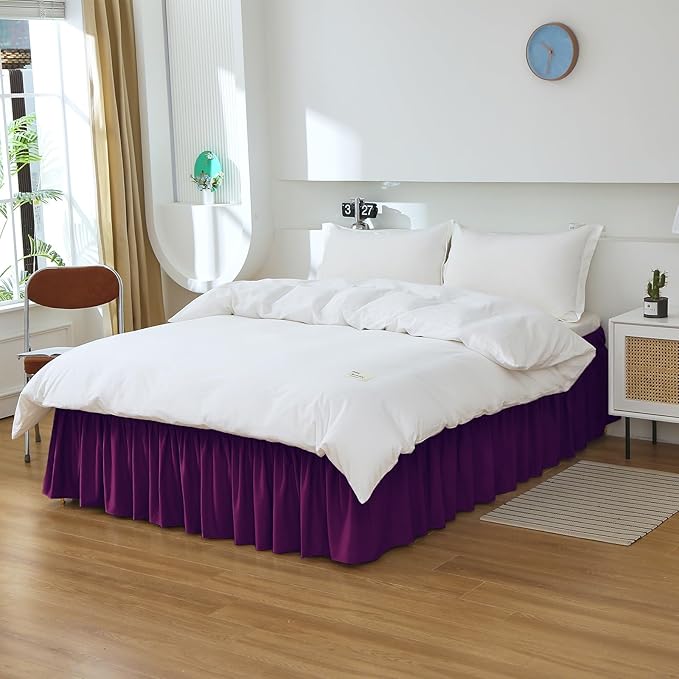 MEILA Wrap Around Elastic Bed Skirt for Queen & King Beds, 14" Drop,Purple | Three-Side Adjustable Elastic Dust Ruffle, Ruffled Polyester Fabric, Easy to Install, Fade Resistant & Machine Washable