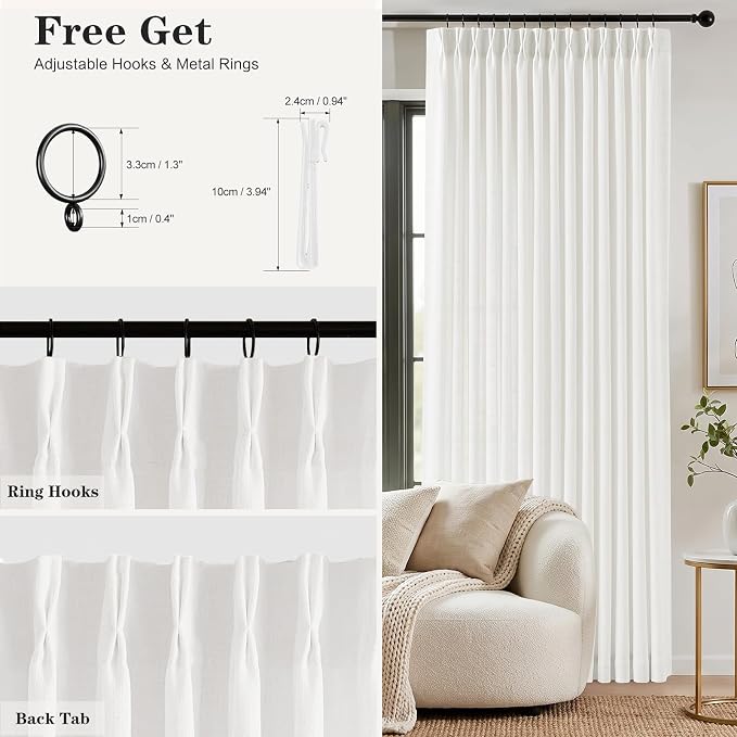 90 Inch Pinch Pleated Sheer Linen Blend White Curtains for Living Room | Light Filtering, Bedroom, Semi Sheer, Pinch Pleat, Hook Rings, Non See Through, Memory Shape, Snow White, W40xL90, 2 Panel