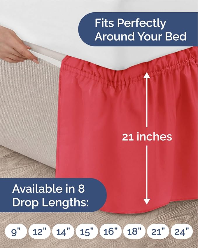 Wrap Around Dust Ruffle Bed Skirt, Queen Size Beds - 21 Inch Drop, Red | Easy Fit Elastic Strap, Adjustable Pleated Bedskirt w/Brushed Fabric, Wrinkle & Fade Free, for Women, Men, Kids & Teens