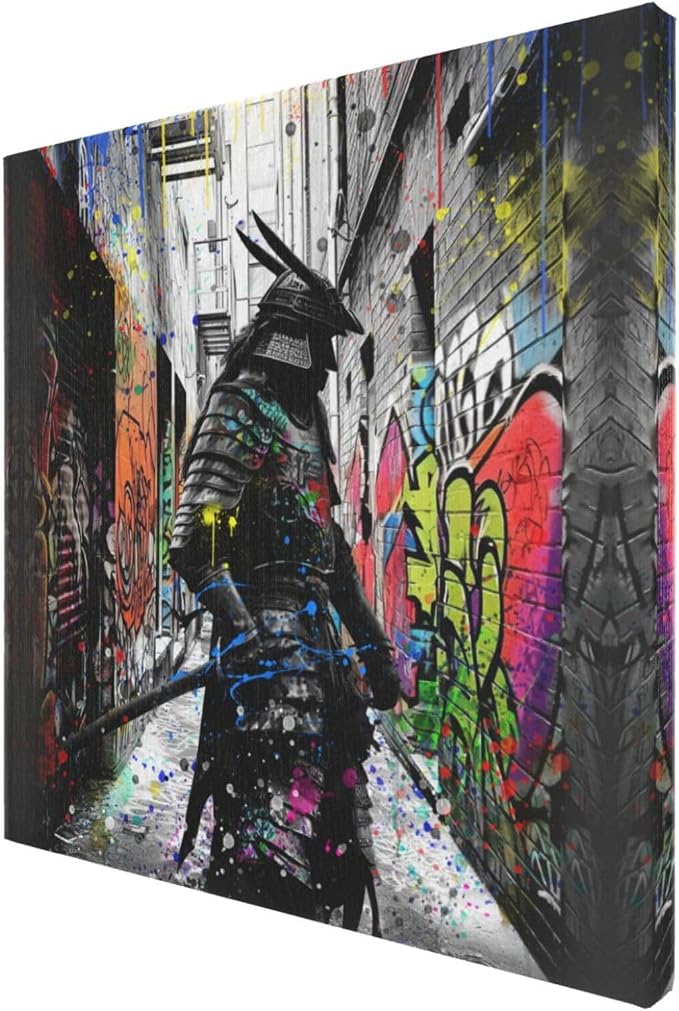 Wesluin 16"x16" Graffiti Samurai Canvas – Colorful Anime Japanese Wall Art | Urban warrior explodes from neon graffiti alley. Melding anime flair & street edge. Hook included, ready to hang.