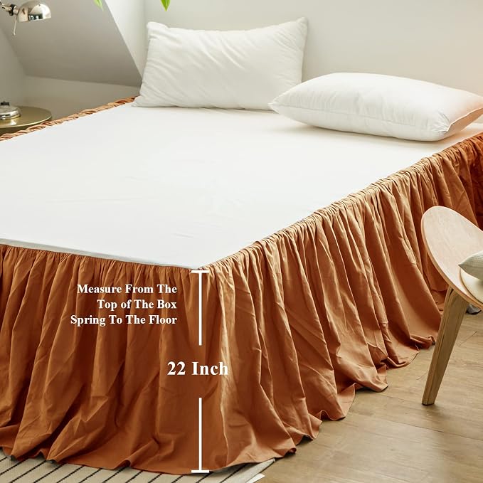 BISELINA French Linen Bed Skirt with Pleated Frills 22-Inch Tailored Drop Natural Flax Cotton Blend Dust Ruffle Soft Cozy Farmhouse Bedding (22" Full, Ruffle Rust)