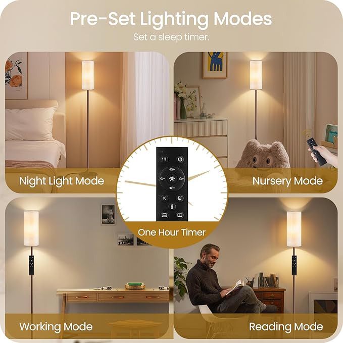 Dimmable Floor Lamps for Living Room with Remote and Foot Switch, 64.4” Modern Standing Tall Lamp, Corner Lamp for Bedroom, Office, Bulb Included, 3000K-6500K, Beige and Brown VW06LD05W1