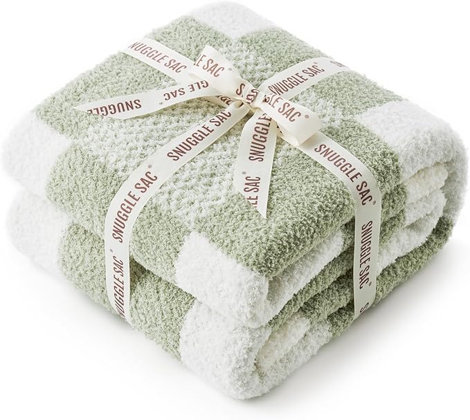 Snuggle Sac Checkered Blanket, Sage Green Throw Blanket for Couch Plaid Microfiber Fluffy Warm Cozy Fuzzy Soft Throw Blanket Reversible Checker Blankets for Sofa, Chair, Bed, 50x60 inches