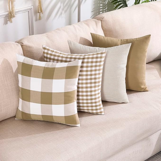 Farmhouse Brown Buffalo Check Fall Plaid Throw Pillow Covers 18x18 Set of 4 | Set of 4 Fall Plaid Pillow Covers 18 x 18, Cottage Core Decor, Vintage Brown Fall Pillows, Neutral Christmas Pillow Covers