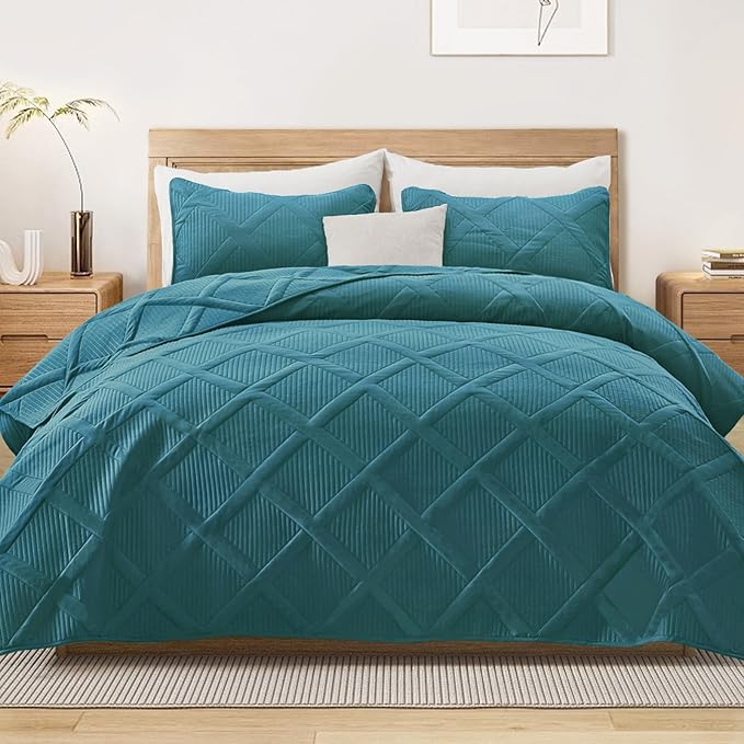 Exclusivo Mezcla Quilt King Size, Teal | Soft Bedspreads with 2 Pillow Shams, Modern Striped Pattern, Lightweight Bedding Set Coverlets for All Seasons, 104x96 Inch