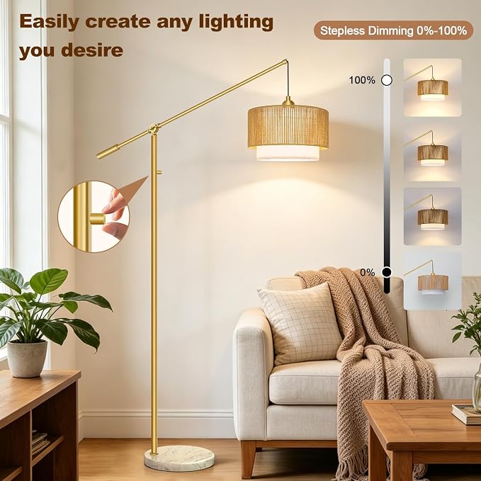 【Upgraded】Boho Dimmable Floor Lamp with Adjustable Swing Arm, 1100 Lumens Bulb Included, Modern Standing Lamp with Rattan & Fabric Shades, Tall Arc Floor Lamp for Living Room Bedroom, Gold, Heavy Base