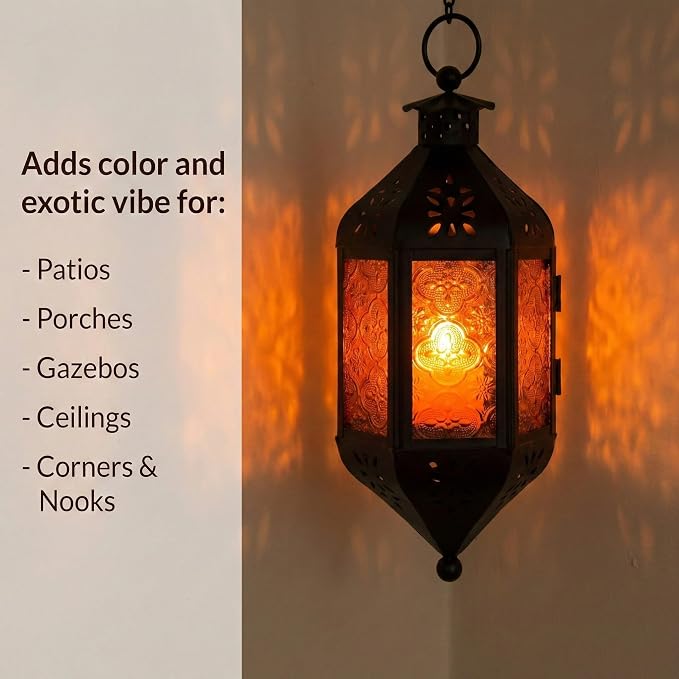 Vela Lanterns Hanging Moroccan Lamp - Exotic Decorative Patio & Porch Decor, Indoor Outdoor Tea Light Candle Lantern Holder with Chain (11" Medium, Amber Glass, 3-Pack)