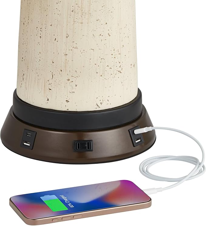 Rocco 30" Large Table Lamp White Ceramic USB Workstation Base Oak Wood