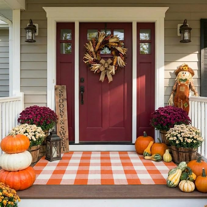 SEEKSEE Buffalo Plaid Outdoor Rug 3' x 5' Orange and White Front Door Mat, Layering Rug for Porch, Halloween Doormat, Front Porch Rug for Outdoor Entrance Entryway Patio Porch Decor