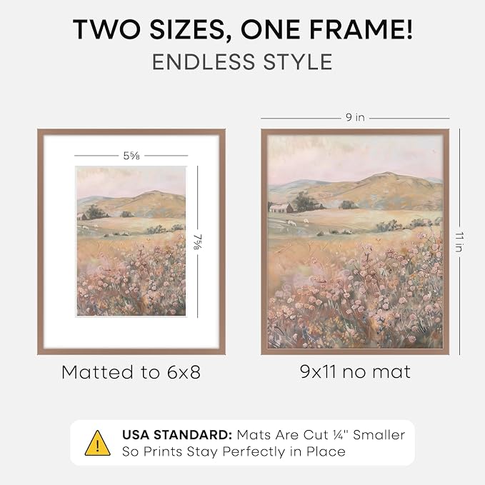 Homeforia 9x11 Mocha Picture Frame, High-End Metal, 6x8 Mat, Glass