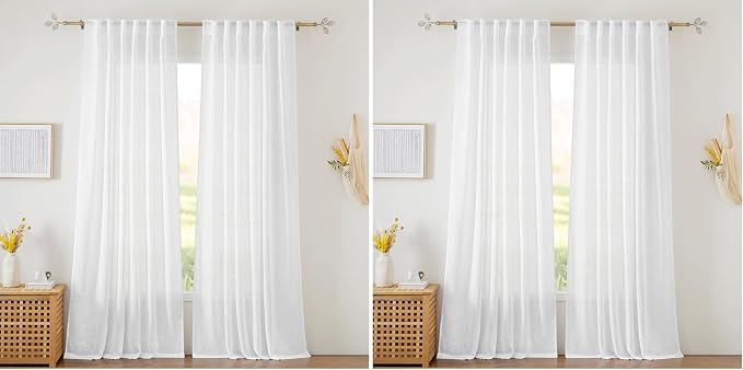 RYB HOME White Curtains Sheer - Linen Texture Sheer Window Covering, Light & Airy Translucent Panels for Bedroom Living Room Patio Glass Door, 52 inch Width x 95 inch Length, Set of 2 (Pack of 2)