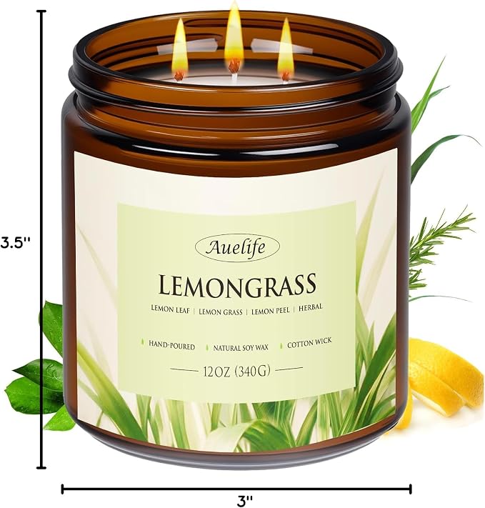 Lemongrass Scented Candle, 3-Wick Jar Candle,12oz Natural Soy Wax | Indoor & Outdoor Use; Fresh Lemongrass Fragrance; 50 Hour Burn; Patio, Camping & Garden; Summer Gift
