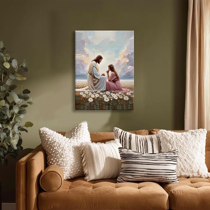 AUUAUU Jesus and Girl Prayer Wall Art Christian Canvas Prints 16x24 Inches | Religious Oil Painting Inspirational Artwork Picture Prints Christmas Wall Decor for Living Room Girl's Bedroom Ready to Hang