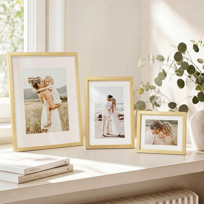 8x10 Photo Frame Gold, Aluminum Metal 8 x 10 Frame with Removable Mat, 8 by 10 Gold Picture Frame Matted to 5x7 Photo, Real Tempered Glass for Home and Office Gallery Wall, 1 Pack