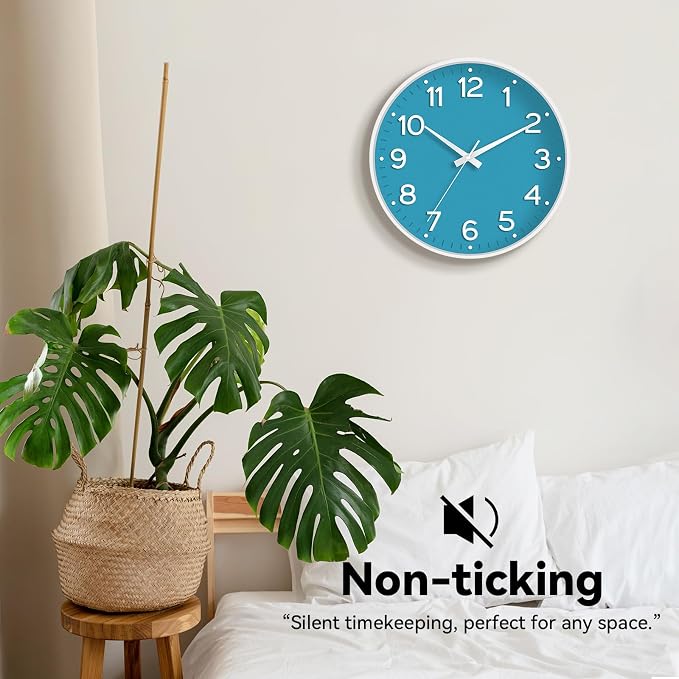 Roymnie 8 Inch Wall Clock, Battery Operated Silent Non Ticking Analog | Blue modern analog; large 3D easy-read dial for kitchen, office, bathroom & bedroom; 1 AA battery (not included)