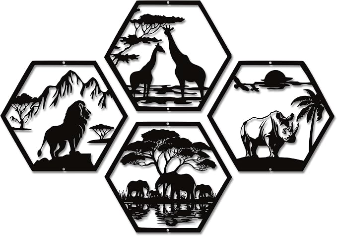 Xedatric African Safari Metal Wall Art 4-Piece Lion Elephant Giraffe Rhino | Matte black finish, rust-resistant, ideal for home or office, wildlife decor.