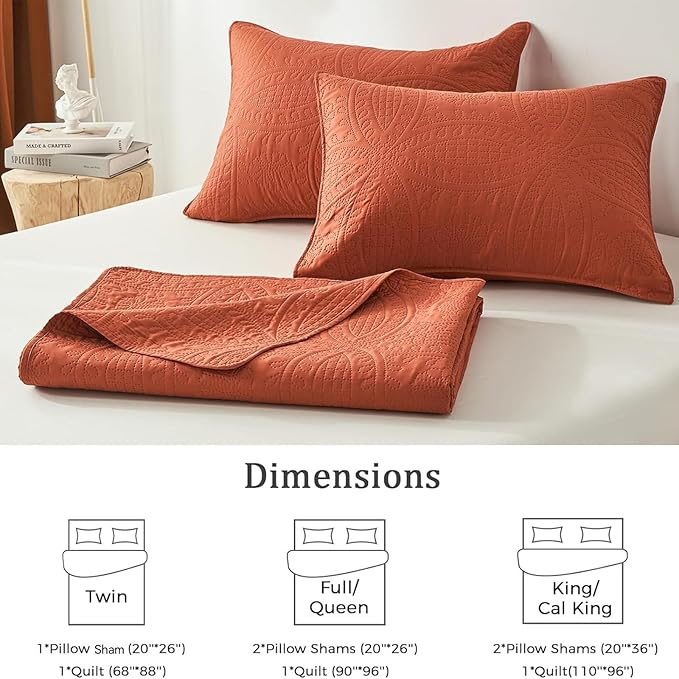 akkialla Queen Quilt Bedding Set,Burnt Orange Ultrasonic Full/Queen Quilt Set,Lightweight Soft Bedspread Coverlet,Modern Style Coin Pattern Bed Cover for All Seasons,3 Piece(1 Quilt,2 Pillow Shams)