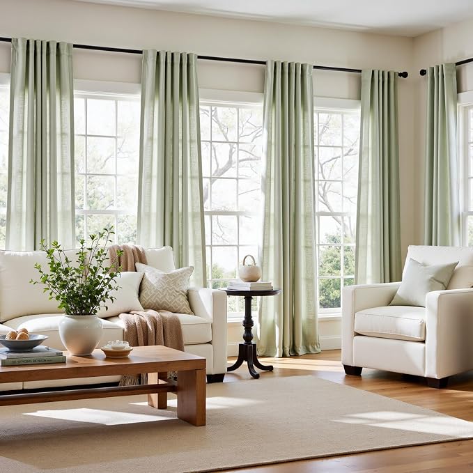 jinchan Linen Curtains Light Filtering Back Tab 50x90 Inch 2 Panels Green | Semi Sheer Curtains 90 inch length for Bedroom Living Room, Modern Farmhouse Drapes with Rod Pocket, Natural Boho Curtains