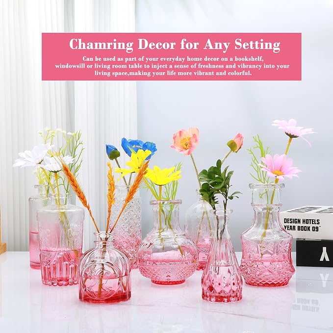 Pink Small Flower Vase Set, Glass Bud Vase in Bulk Set of 8 | Artistic and Cultural Flavor Mini Vases for Home Office Decor, Bedroom, Office, Living Room Decorations,Wedding