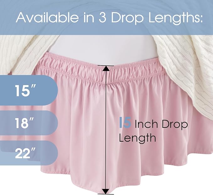 FreshCulture Elastic Wrap-Around Bed Skirt - Twin Bed, 15-Inch Drop, Dusty Pink