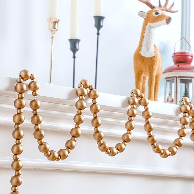 Yinder 2 Pcs/ 14.4 Feet Christmas Wooden Beads Garland, Gold