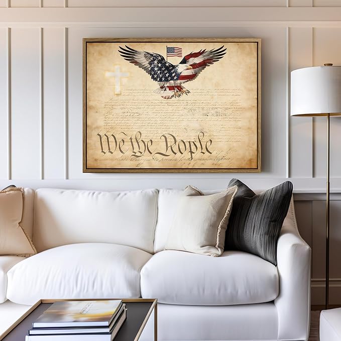 American Flag Framed Canvas Wall Art, 4th of July Patriotic Canvas Prints | USA Flag with Bald Eagle Poster Print, Vintage Independence Day Wall Decor for Bedroom Living Room 12×16in