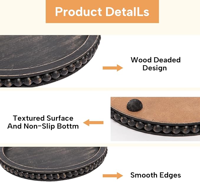 HPC Decor 12in Round Tray for Home Decor- Black Wood Beaded, Decorative Round Tray for Living Room Decor, Coffee Table Decor, Kitchen Table Decor or Farmhouse Serving Tray