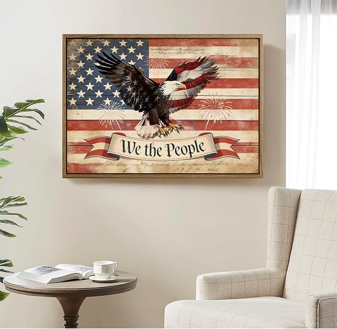 American Flag Framed Canvas Wall Art, 4th of July Patriotic Canvas Prints | USA Flag with Bald Eagle Poster Print, Vintage Independence Day Wall Decor for Bedroom Living Room 11×14in