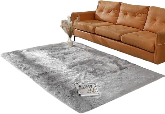 linmopm Faux Fur Rug Sheepskin Grey Shag Fluffy Fuzzy 5x7 ft Rugs for Bedroom Bedside Bed Floor Living Room Plush Rectangle High-Density Cushion Carpet Super Sofa Cover