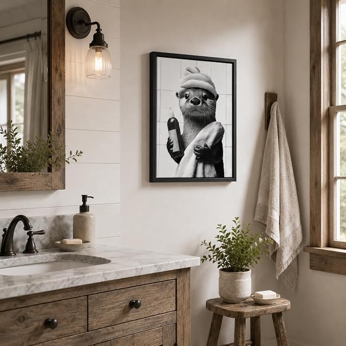 Framed Funny Bathroom Otter Canvas Wall Art Cute Otter Painting Picture Wall Decor Black and White Bathroom Animal Poster Print Artwork for Toilet Restroom Home Decoration 8x10in