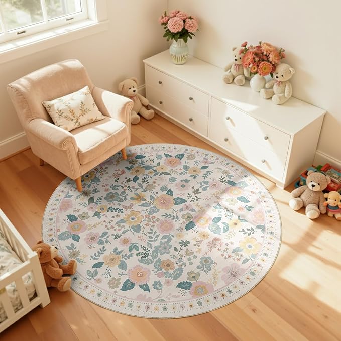 Washable Floral Area Rug for Living Room Round 4ft Light Beige | Non-Slip，Vacuum-Friendly, Low Pile, Flower Carpet for Bedroom Kitchen Entryway Dining Room Office Nursery