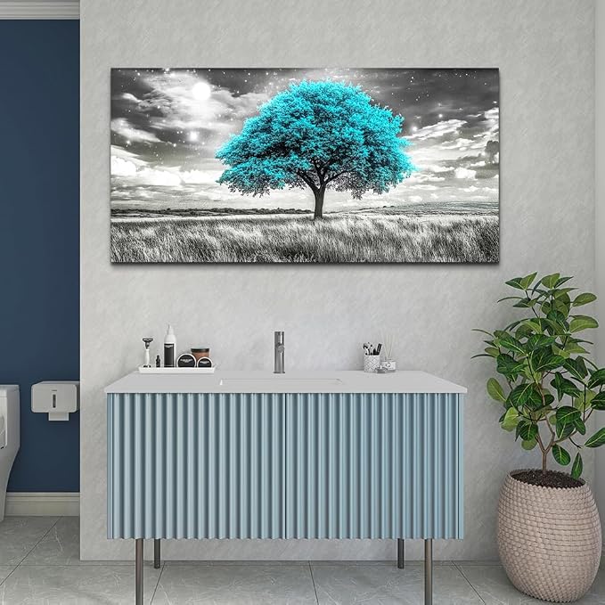 KELIYUAN Modern Canvas Print Wall Art Blue Tree Painting Full Of Stars Black And White Art pictures Natural Landscape Wall Decoration Suitable For Living Room Bedroom Office Framed Stretch 20x40 In