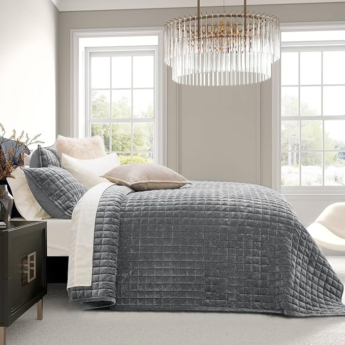 RECYCO Channel Box Stitch Velvet Quilt Set, King Size, Gray | Ultra Soft Lightweight Velvet Comforter, Luxury Oversized Bedspread Coverlet, Quilted Bedding Set for All Season with 2 Shams
