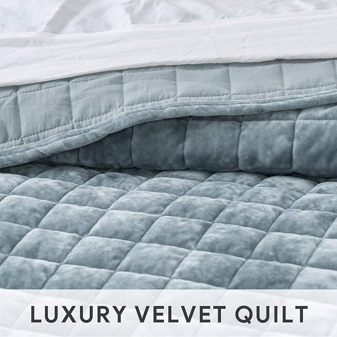 RECYCO Velvet Quilt Set, Oversized California King 118"x106", Blue Linen | Channel Box Stitch Velvet Comforter Set, Ultra Soft Lightweight Bedspread Coverlet, All Season Bedding Set, with 2 Shams