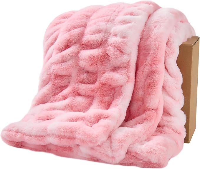 Lotus Karen Faux Fur Throw Blanket, 900 GSM Dual-Sided Soft Ruched Twin Blanket for Couch, Fluffy Cozy Fuzzy Plush Throw Gifts for Women Man Bedroom Living Room (Tie-Dye Pink, 60"x80")
