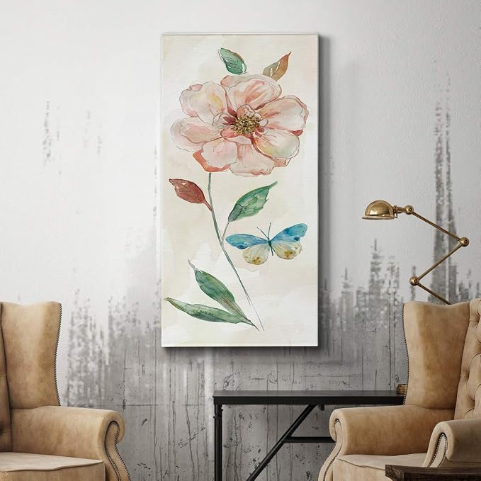 Renditions Gallery Canvas Floral Wall Art Modern Paintings Decorations Rose Red Wash Romantic Canvas Glam Botanical Wall Hanging Artwork Prints for Bedroom Office Kitchen - 20"x40" LT43