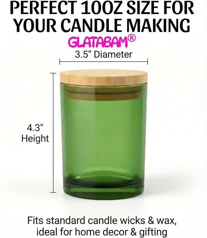 GLATABAM 10 OZ Candle Jars 12 Pack - Bulk Glass Candle Making Jars with Bamboo Lids & Labels, Heat Resistant Empty Reusable Candle Vessel for Containers(Green)