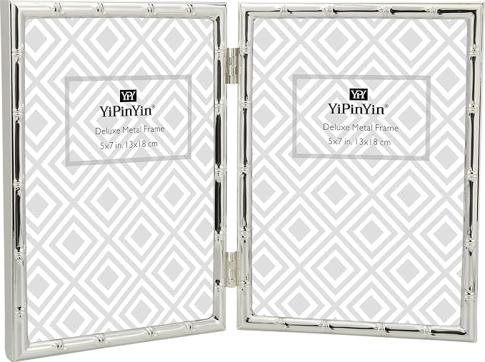 YiPinYin Silver 5x7'' Bamboo Detail Double Metal Picture Frame,Elegant Elegant Narrow Profile Silver Plated Photo Frames With Soft Velvet Backing for Desktop and Shelf Decor