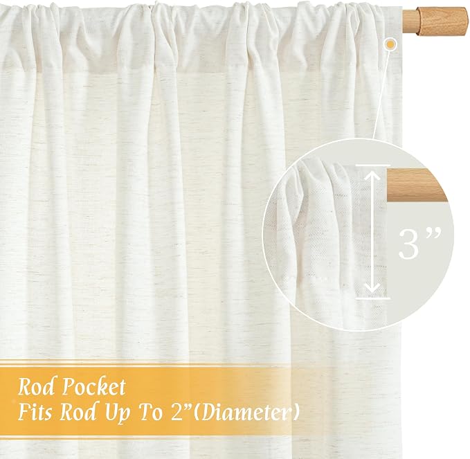 Linen Semi Sheer Curtains 84 inch Long for Living Room, 2 Panels | Light Filtering, Soft, Neutral, Window Treatment, Privacy, Drapes for Bedroom, Farmhouse, Rod Pocket, 52 x 84 Inch, Natural