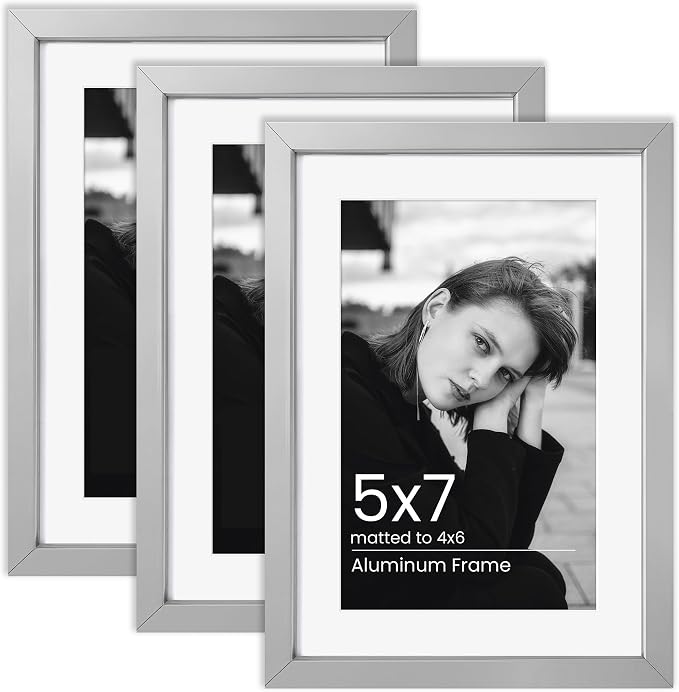 5x7 Photo Frame Silver, Aluminum Metal 5 x 7 Frame with Removable Mat, 5 by 7 Silver Picture Frame Matted to 4x6 Photo, Real Tempered Glass for Home and Office Gallery Wall, 3 Pack